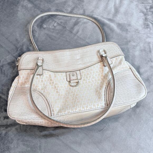 Tommy Hilfiger Handbags - Tommy Hilfiger Monogram Textured Trim Leather Shoulder Bag Beige/White
